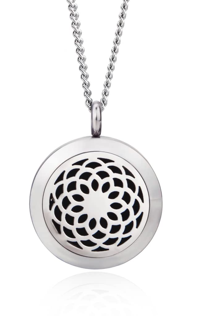 Wild Essentials Sunflower Essential Oil Diffuser Necklace, Stainless Steel Locket Pendant with 24 inch Chain, 12 Color Refill Pads, Customizable Color Changing Perfume Jewelry for Aromatherapy