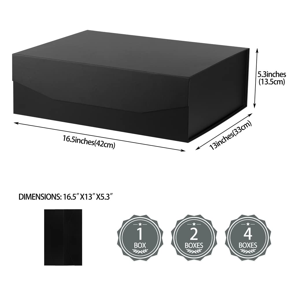 PACKGILO 1 Pcs Matte Black Extra Large Gift Box with Lid, 16.5x13x5.3 Inches, Hard Magnetic Giant Gift Boxes for Presents Clothes Robe Wedding Dress Sweater,Reusable Foldable Bridesmaid Proposal Box