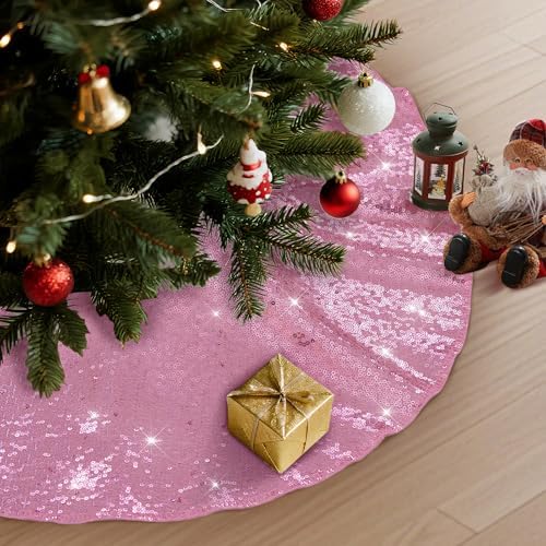 Poise3EHome Fuchsia Pink Christmas Tree Skirt, 70 Inch Sequin Tree Skirt