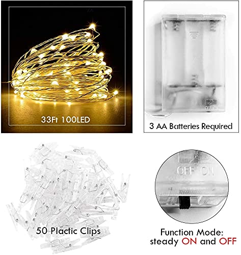 Photo Clip String Light - 33Ft 100LED Fairy Lights with Clips for Pictures With Timer, Photo Light with 50 Clear Clips for Bedroom Christmas Wedding Décor