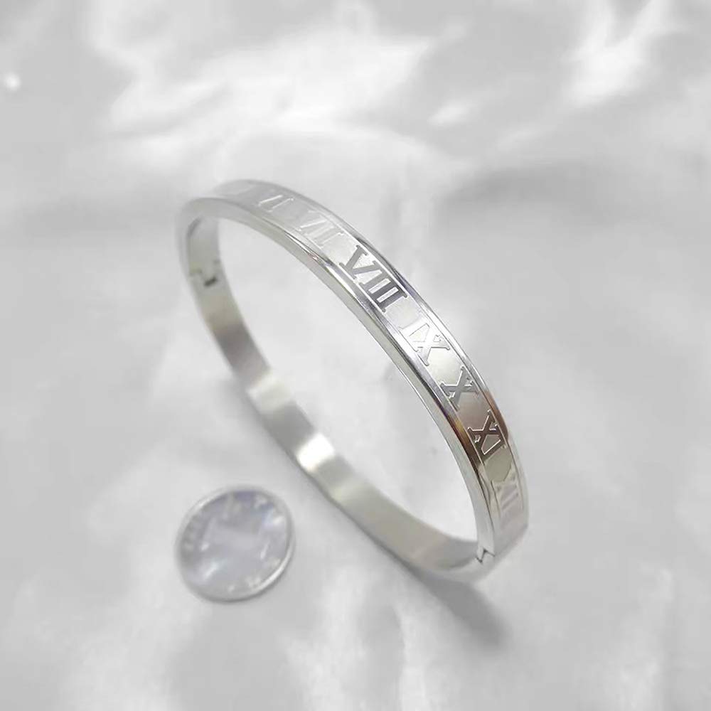 Jarlinwel Gold Silver Plated Bracelets for Men Women Roman Numeral Bangle Bracelet Stainless Steel Personalized Engraved Unisex Gift (Silver 6mm Womens)