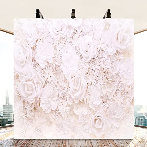 AOFOTO 8x8ft White Flowers Wall Backdrop Elegant Roses Romantic Wedding Bridal Shower Photography Background Baby Shower Party Valentines Mother's Day Photo Banner Studio Props Wallpaper - size: 8x8ft