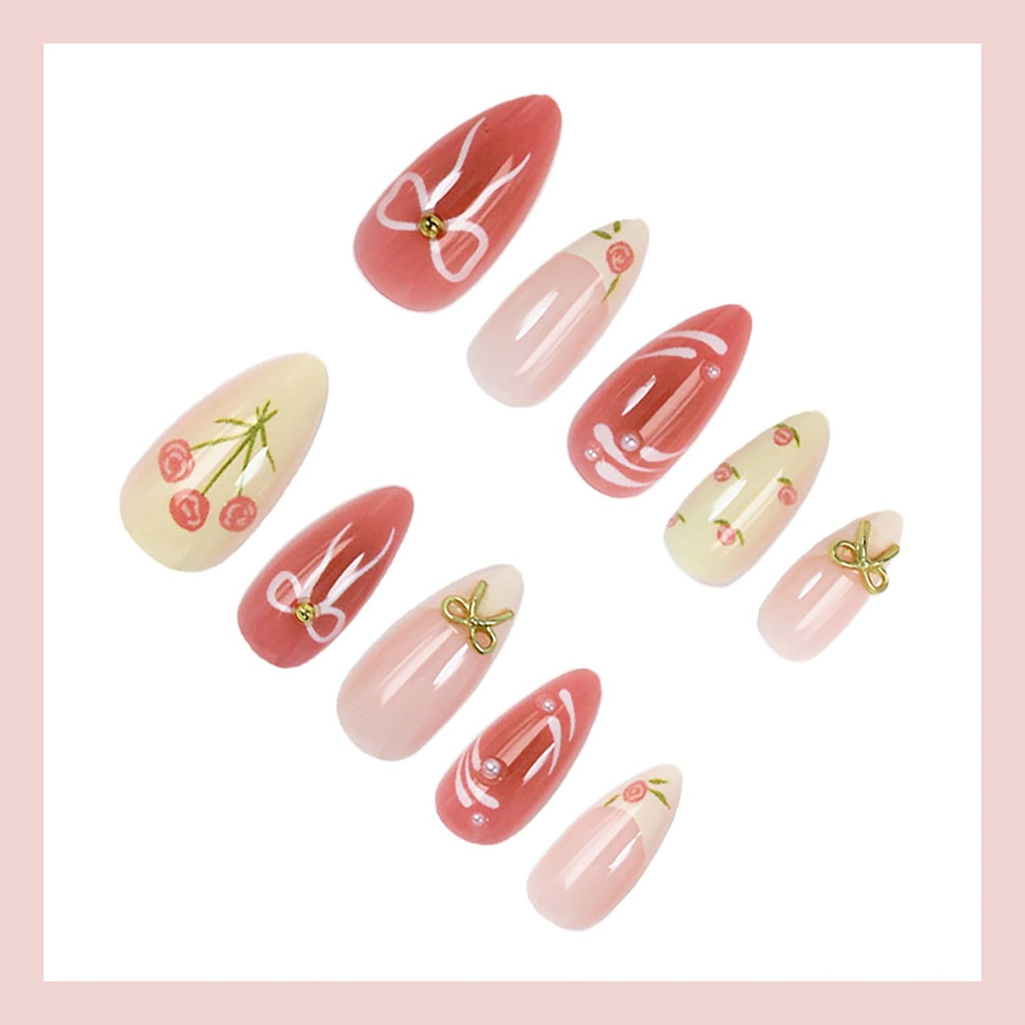 24Pcs Spring Press on Nails Medium Almond Fake Nails with 3D Bow Designs Rose Flower False Nails Reusable Bow Acrylic Nails Floral French Tip Full Cover Stick on Nails for Women