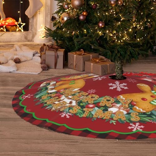 Buffalo Check Merry Christmas Gingerbread Man Wreath 36 Inch Christmas Tree Skirt Carpet Mat Funny Party Decor Supplies for Xmas Halloween Ornament Decorations Occasion