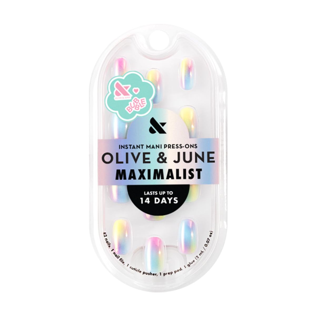 Olive & June Maximalist Instant Mani Press-On Nails (Glue) | 42 Fake Nails, 21 Sizes | Non-Toxic, Long-Lasting Big, Bold Gorgeous Realistic Look | Salon-Quality | Short, Round | Rainbow Aura Chrome