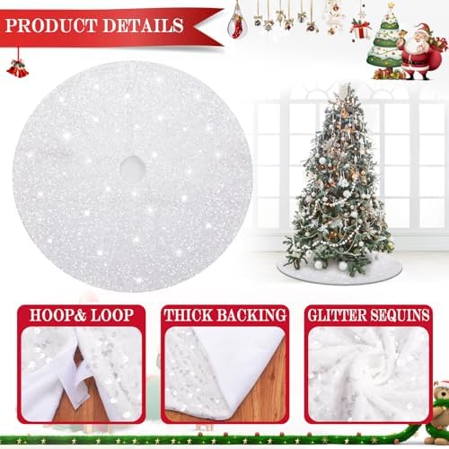 yuboo Mini White Velvet Tree Skirt 24 inch, Small Table Top Christmas Tree Skirt with Glitter Sequin for White Pearl Christmas Decorations