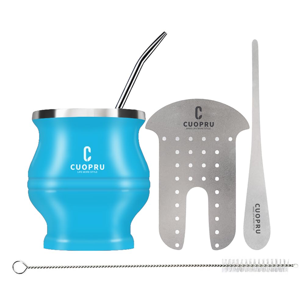 Cuopru Stainless Steel Modern Yerba Mate Drinking Cup Set - 180 ml, Includes Bombilla Straw, Cleaning Brush, Blue