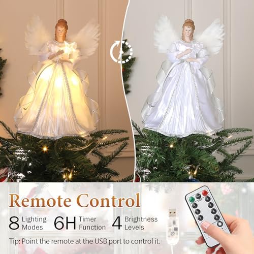 HMASYO Christmas Tree Topper Angel with Timer Lights, 12" Angel Tree Toppers with White Feather Wings, Star Light, Remote Control and USB Power Xmas Treetop Decor for Indoor Office Holiday Party