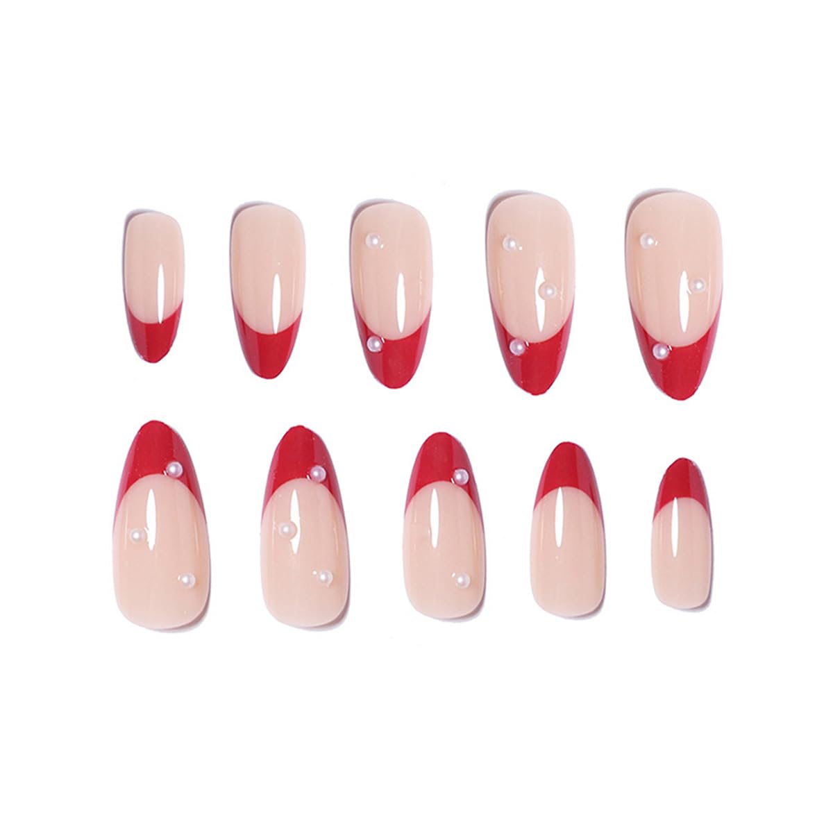 FJSMTOPl Rde French Tip Press on Nails Almond Fake Nails with Design Pearl False Nails Press ons Medium Acrylic Glue on Nails Cute Artificial Stick on Nail for Women Manicure 24Pcs