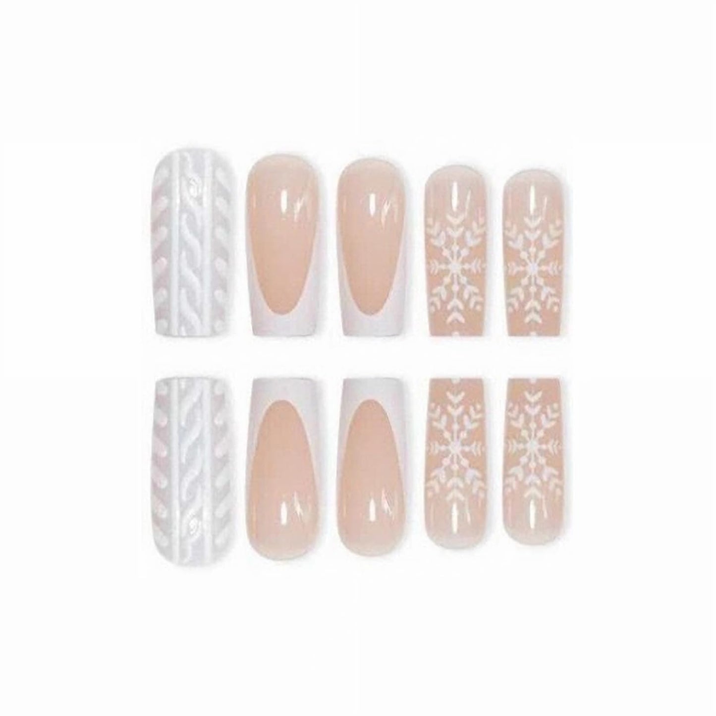 MISUD Press on Nails - Long Square Fake Nails with White French Tip, Acrylic Winter Snowflake Sweater Design 24 pcs