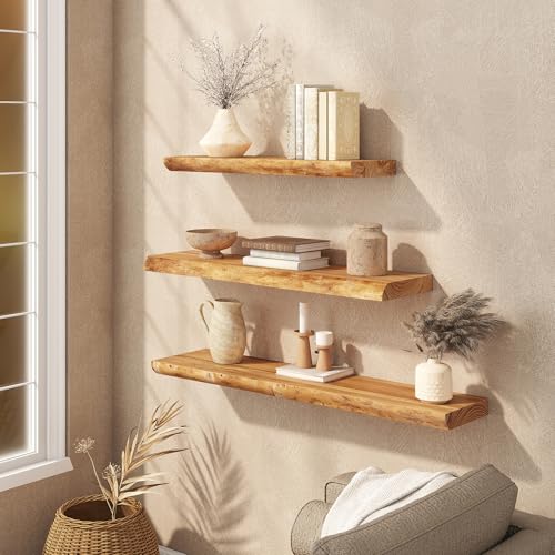 Floating Shelves Set of 2, Solid Elm Wood Wall Shelves 36 Inch - Invisible Bracket Mount for Living Room, Bedroom, Kitchen, Bathroom - Natural - color: Clear Natural, size: 36"L, 2-Pack