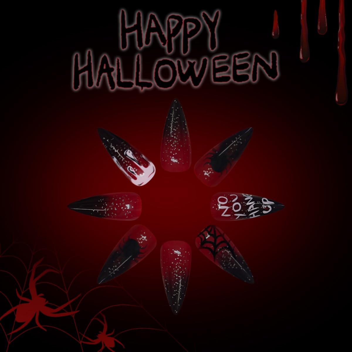Halloween Press on Nails Medium Stiletto Fake Nails Spider and Spider Web Design Stick on Nails Vampire False Nails Red Glossy Handmade Acrylic Glue on Nail for Women Manicure 24Pcs