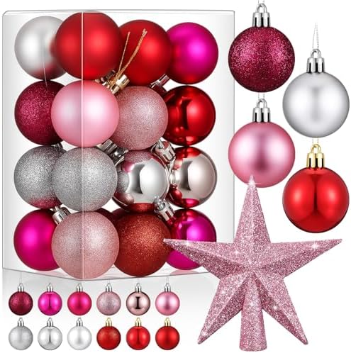 RoundFunny 25 Pcs Mini Christmas Balls Ornaments Set 1.57 Inch Christmas Day Ball Topper Star Tree Hanging Ornaments for Party Decoration(Fresh Colors)