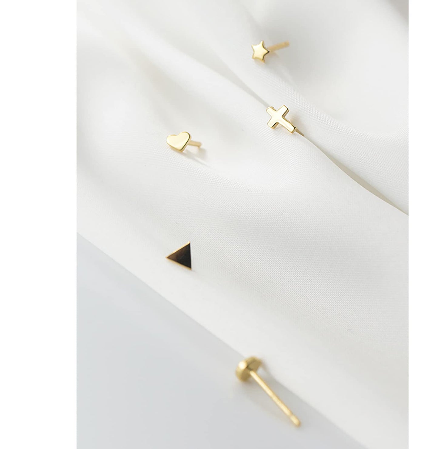 Sterling Silver Stud Earrings for Women Men- 4 Pairs of Hypoallergenic Simple Geometric Small Stud Earring Set Tiny Circle Triangle Heart Star Stud Earrings Mini Cartilage Tragus Earrings, Gold