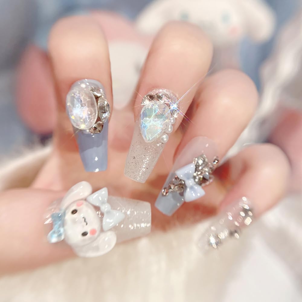 Tezocr Long Coffin Press on Nails 24pcs Cute Fake Nails with Gems Charms Cartoon Acrylic Nails Full Cover False Nails for Women DIY Manicure Party Nail Decoration
