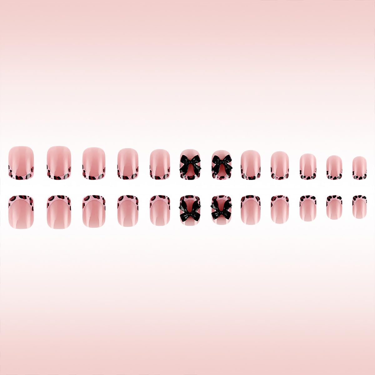 24Pcs Bow Press on Nails Short Square French Tip Fake Nails with Black Leopard Print Design Glossy False Nails Nude Full Cover Artificial Glue on Nails Cute Stick on Nails Valentines Nail for Women