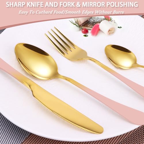 24 Pieces Flatware Set, Stainless Steel Cutlery Set with Silverware Holder, Modern Gold Silverware Set Includes Dinner Knives Forks Spoons,Hanging Silverware Set Service for 6 (Pink) - color: Pink