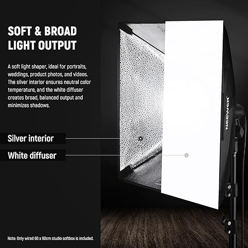 NEEWER 24x24in/60x60cm Softbox with E26 Porcelain Socket/Power Cord/White Diffuser/Stand Adapter, Durable Nylon Softbox Lighting Modifier for Studio Photography Lighting, SF6060 (US Plug) - size: 60X60cm