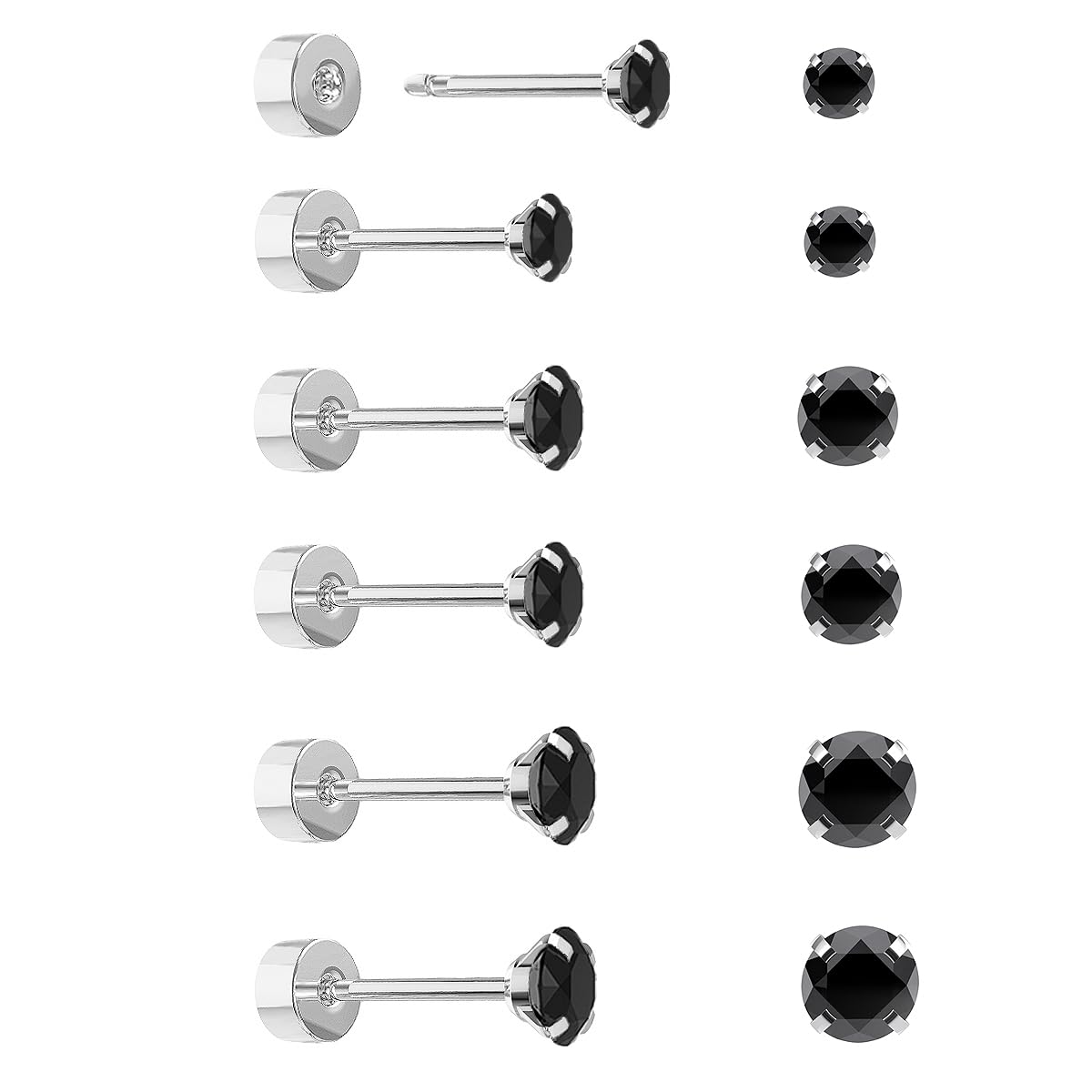 Women's Hypoallergenic Stainless Steel Cubic Zirconia Earrings Studs Set Multi-Pack, CZ Stud Earrings for Men 5 pairs 4-8mm, Titanium Stainless Steel Cubic Zirconia, black diamond