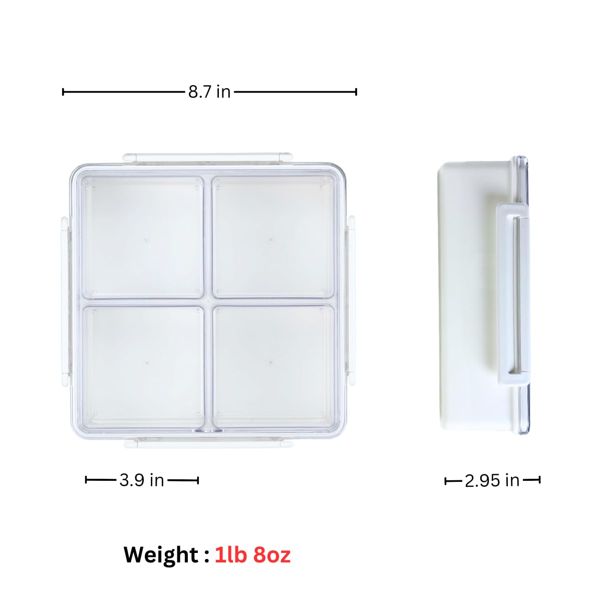 Lustroware Gourmet Palette Airtight 4-Compartment Square Serving Tray with Lid – Portable Snackle Platter & Charcuterie Organizer Box with Removable Dividers for Fruit, Vegetables, Snacks, Appetizers
