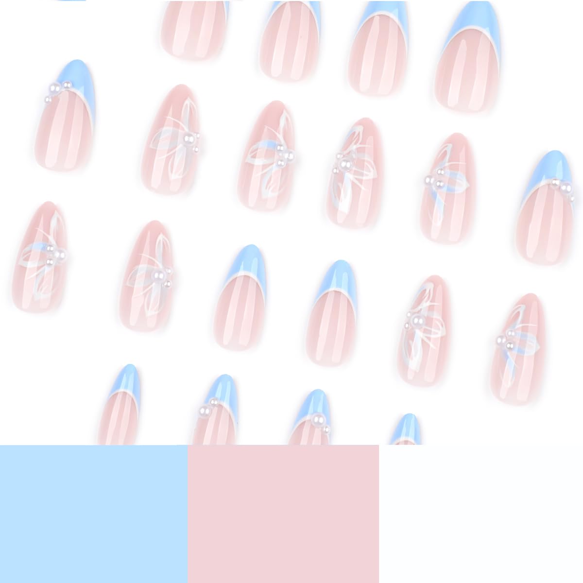Blue French Tip Almond Press On Nails with Glue, Acrylic Butterfly Pearl Fake Nails for Women, Elegant Handmade 3D Stick On Nails, 24Pcs Reusable Medium Length False Nails for Wedding Party Daily