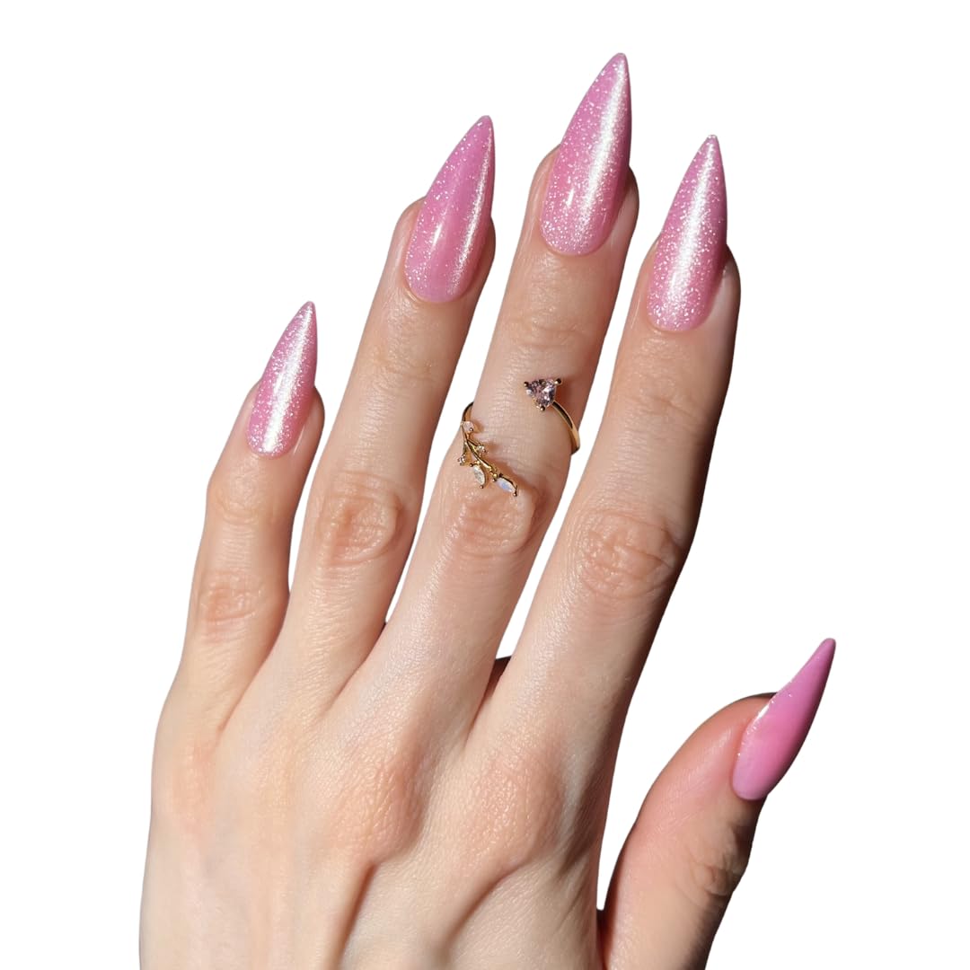 PaintLab Press On Nails - Pink Glitter Stiletto Fake Nails, 30 Nails in 15 Sizes with Glue, Reusable Salon Quality Press On Nails