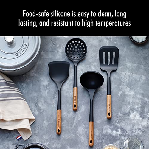 STAUB Silicone Spatula Turner, Perfectly Angled for Lifting Pancakes, Sandwiches and Picking up Veggies Durable BPA-Free Matte Black Silicone, Acacia Wood Handles, Safe for Nonstick Cooking Surfaces