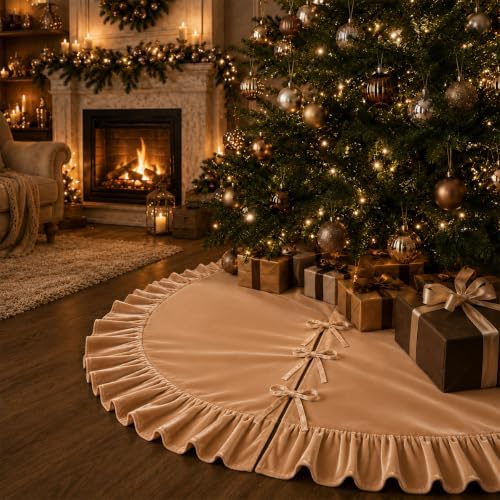 Christmas Tree Skirt,Velvet Tree Skirt with Ruffled Edge, Classic Large Velvet Fur Plush Tree Skirt for Merry Christmas(Khaki,60Inch)