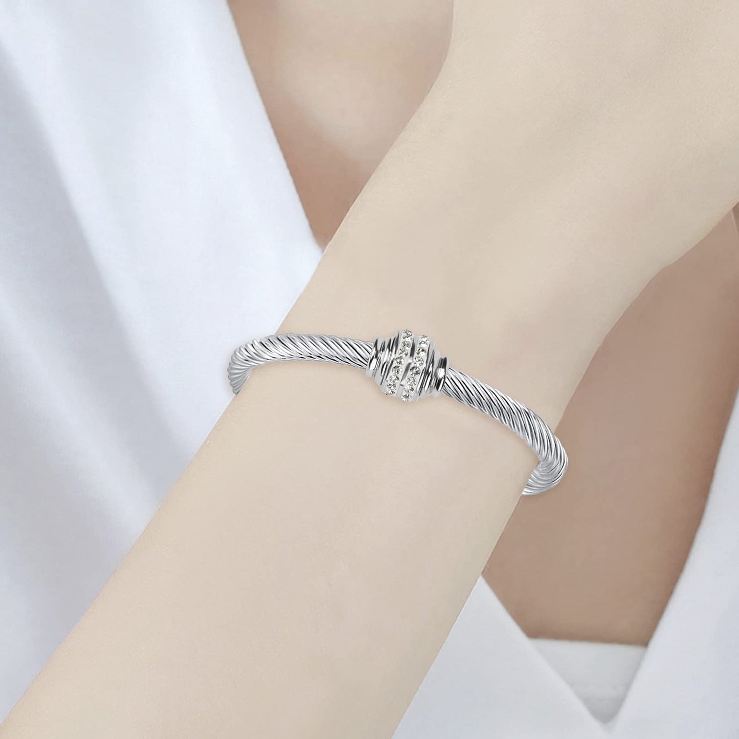 kaluoer Cable Two Tone Stainless Steel Retro Twisted Wire Bangle Bracelet, Adjustable Cuff Bangle Bracelet, Suitable, Mother, Wife, Valentine's Day (Silvery)