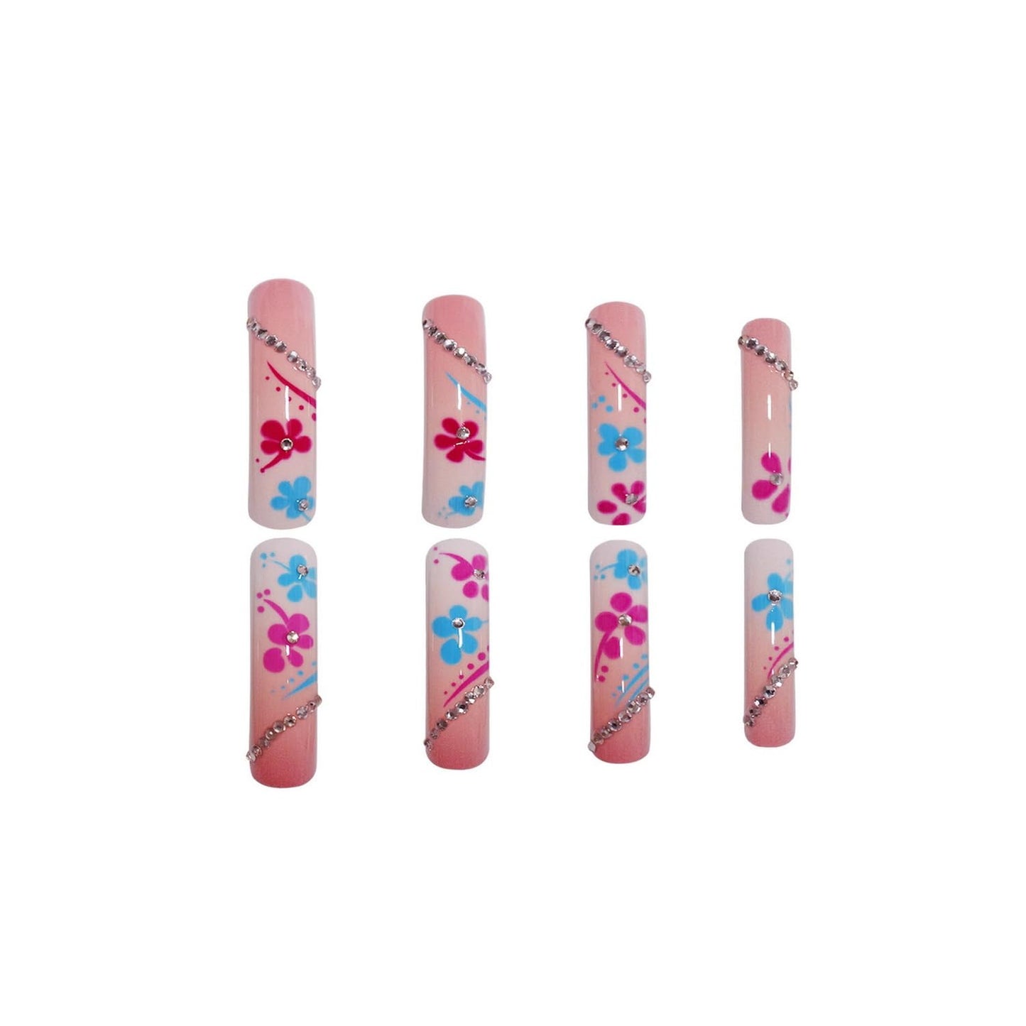 Curved Press on Nail Flower Fake Nails Extra Long Square Press ones Pink White Gradient with Rhinestones desigsn Blue Pink Floral Glue on Nails Glossy Acrylic Full Cover False Nails for Women24pcs