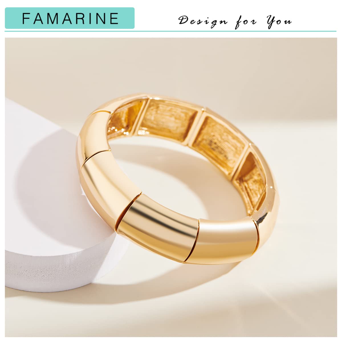 FAMARINE Bangle Bracelets for Women, Big Charms Wide Chunky Thick Stretch Bangle, 14K Gold Plated