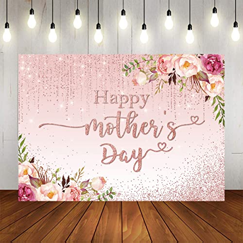 Mocsicka Mothers Day Backdrop Banner 7x5ft Pink Floral Happy Mothers Day Backdrop Decorations Thanks Mother's Day Photo Background Banner Party Decorations - size: 7x5ft