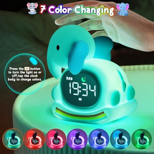 Elephant Alarm Clock with Night Light for Kids,Toddler Sleep Training Clock Ok to Wake Clocks for Girls and Boys, Kids Clocks for Bedrooms,Kids Alarm Clock,Rechargeable,RGB,Gift Ideas for Kids Child