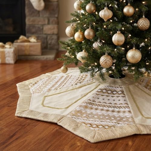 Valery Madelyn 48" White Gold Christmas Tree Skirt for Tree Decorations