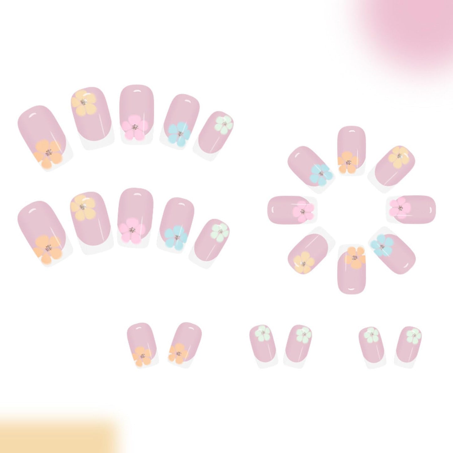 Short Square Press on Nails Light Pink Gradient Base White Edge Trims Colorful Small Flower Pink Green Drill Surface Fresh Sweet Manicure Artificial Nails Suitable for Chic Shiny 24 Pcs