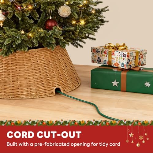 Sweetcrispy 27in Christmas Tree Collar, Wicker Skirt for 7.5ft Artificial Trees, 4-Piece Wicker Base Cover, Natural