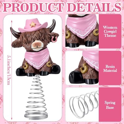 Gejoy Western Cowgirl Highland Cow Miniature Tree Topper, 5.1 Inches Mini Resin Calf Figurine with Pink Cowboy Hat & Bandana, Cute Cowgirl Cow Lovers Gifts for Western Farmhouse Home Office Decor