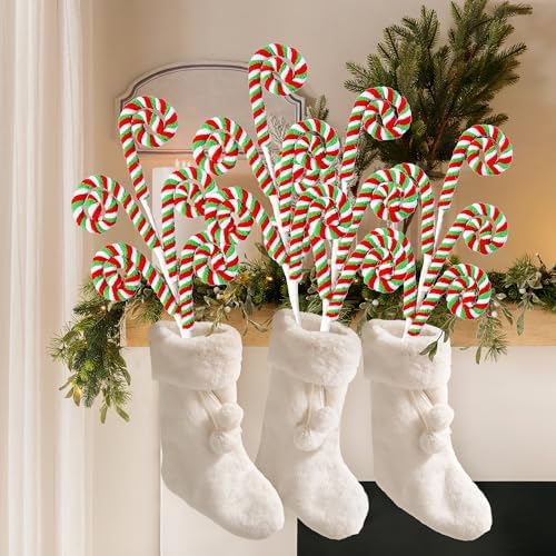 Sggvecsy 6 Pcs Christmas Tree Decoration Woolen Bells Candy Cane Shape Picks Lollipop Curly Pick Ornaments Xmas Tree Topper for Party Vase Filler Home Office Decor (Green)