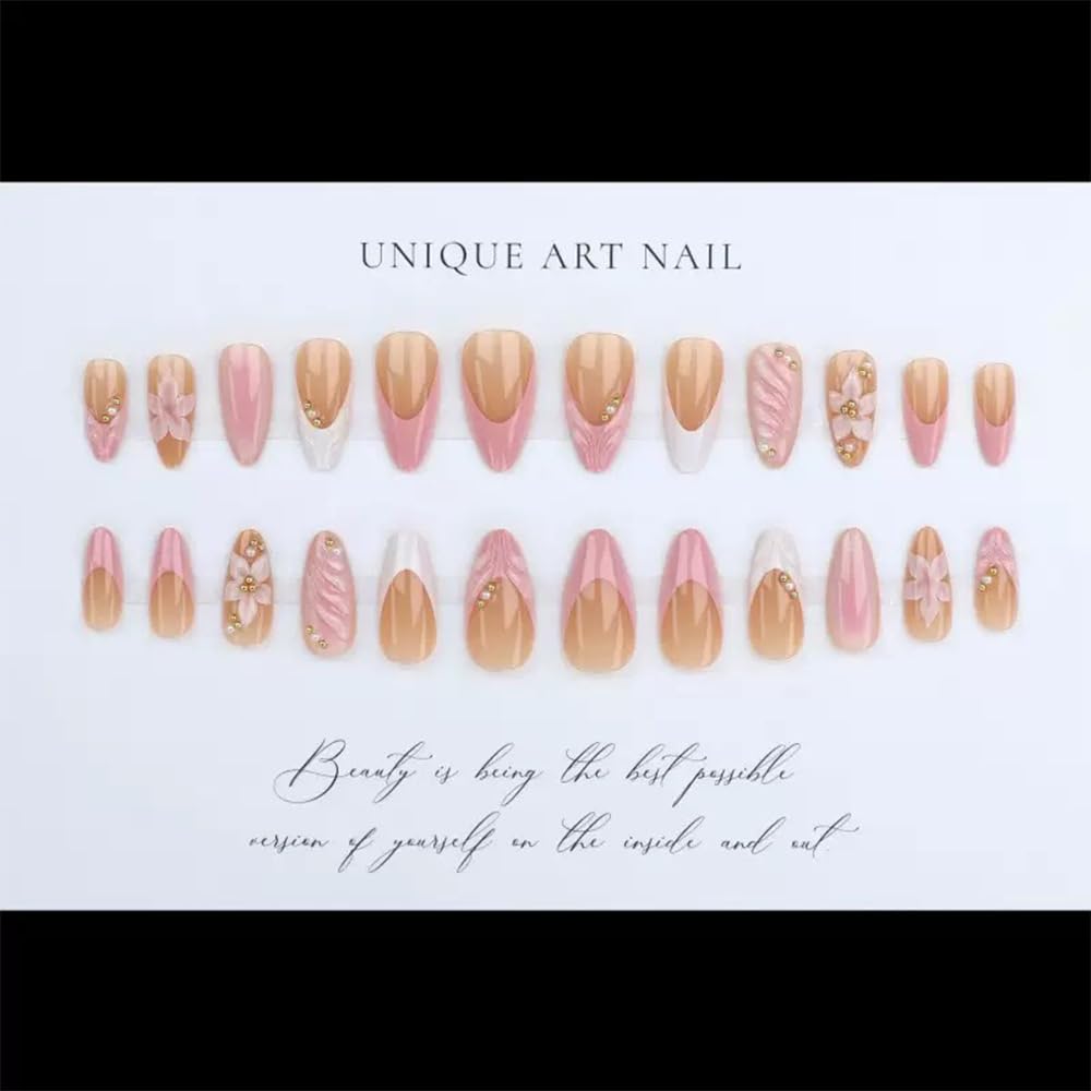 FJSMTOPl Flower Press on Nails Pink Fake Nails Mudium Almond False Nails Press ons with 3D Floral Design Stick on Nails Spring Handmade Acrylic Glue on Nails for Women Manicure 24Pcs