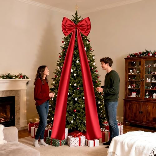 Christmas Tree Topper Bow, Double-Layer Giant Bows Christmas Decorations, Christmas Wreath Bows for Home Wreath Wall Backdrop Birthday Wedding Party Decor (Red Bow, 87 INCH)