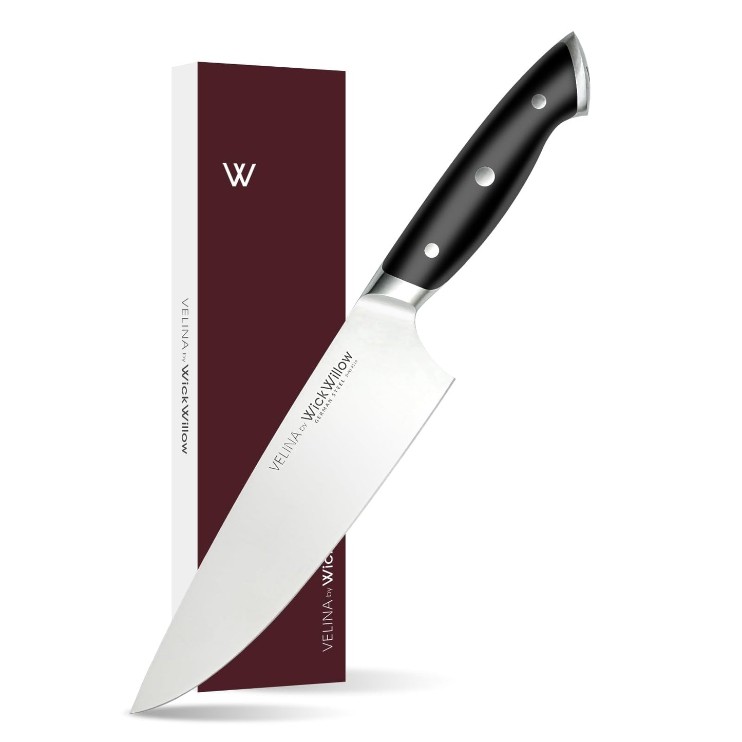 WICKWILLOW 8" Chef Knife – Razor Sharp German Steel – All-Purpose Kitchen Knife for Slicing, Dicing & Chopping – Full Tang & Ergonomic Handle – Gift Box – Velina Series
