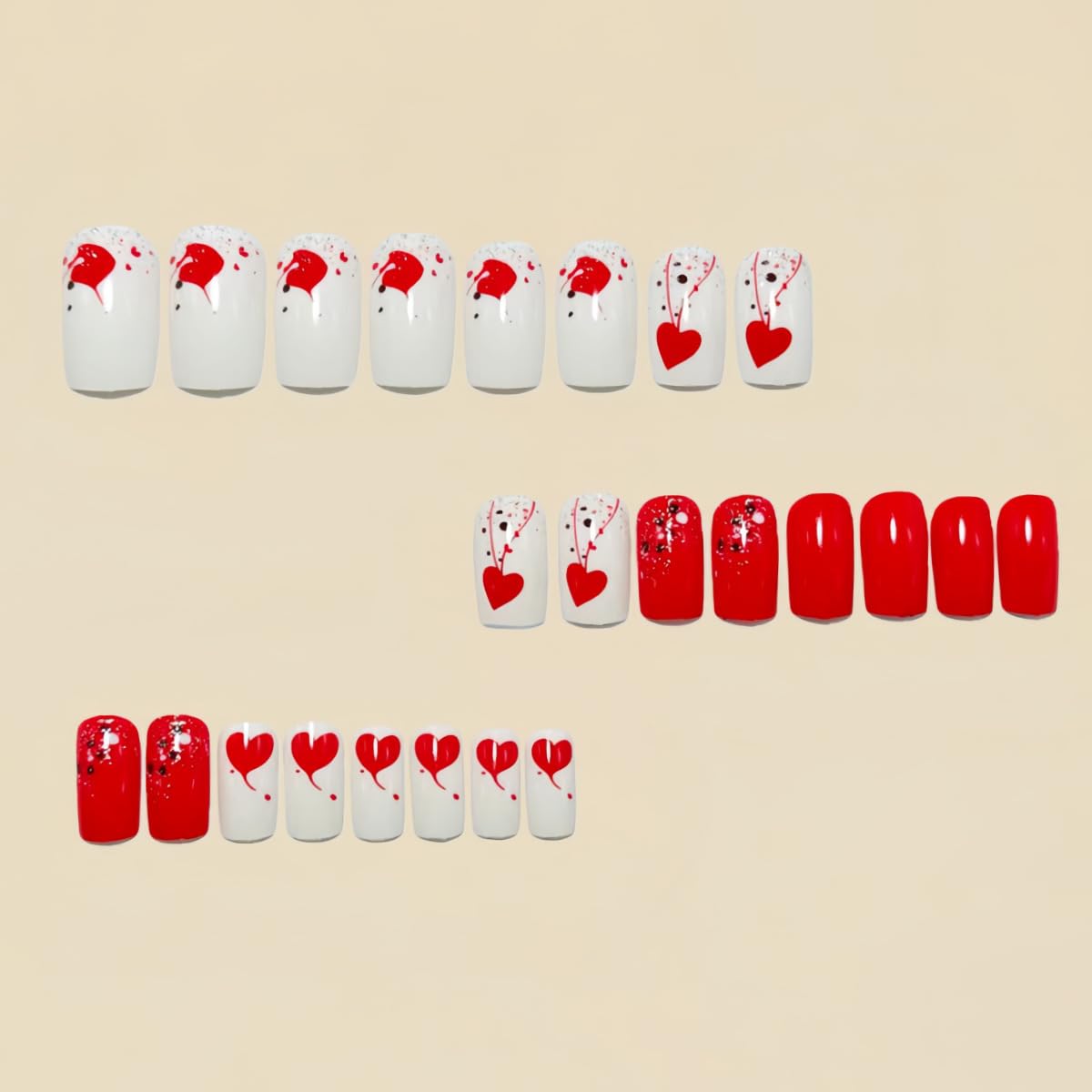 Valentine Press on Nails Medium Press on Nails with Glitter Designs Red Square False Nails Glossy Full Cover Stick on Nails Gradient Reusable Acrylic Nail Valentine Glue on Nails for Women 24Pcs