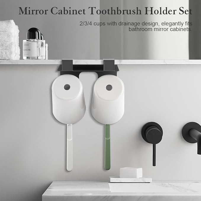 Mirror Cabinet Toothbrush Holder for Bathroom with 2/3/4 Cups & Drainage Design - Easy Installation, Space-Saving, Fits Boards ≤2cm Thick (2 Cup)