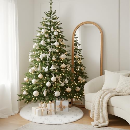 30" White Plush Faux Fur Christmas Tree Skirt with Silver Sequin Snowflakes
