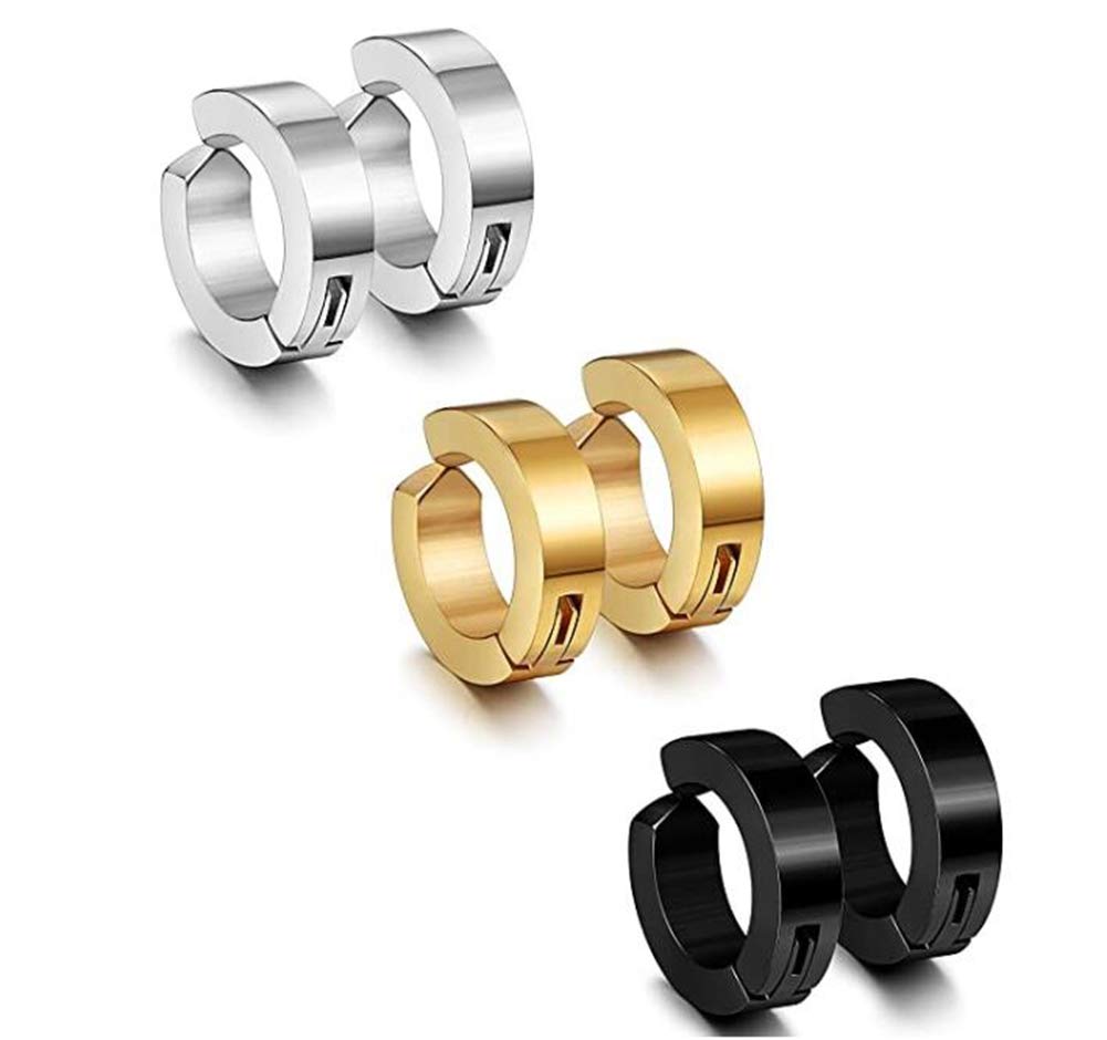 3 Pairs Non-Piercing Earrings for Mens Womens Stainless Steel Clip On Hoop Earrings
