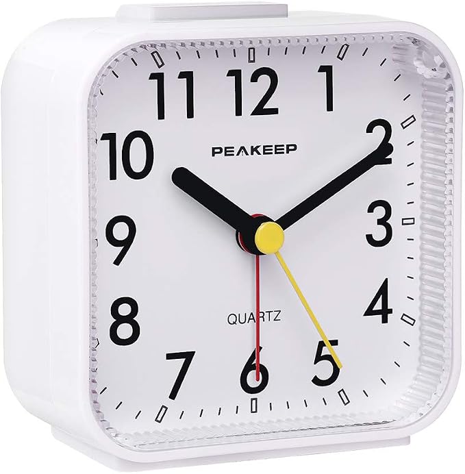 Peakeep Small Battery Operated Analog Travel Alarm Clock Silent | No Ticking, Lighted on Demand and Snooze, Beep Sounds, Gentle Wake, Ascending Alarm, Easy Set (White)