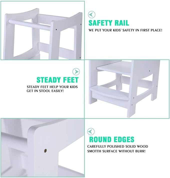 Toddlers Kitchen Step Stool with Safety Rail Kids Wooden Standing Tower for Kitchen Counter and Bathroom Sink, 3 Heights Adjustable Step Up Stool Mothers' Helper, Solid Wood Construction, White