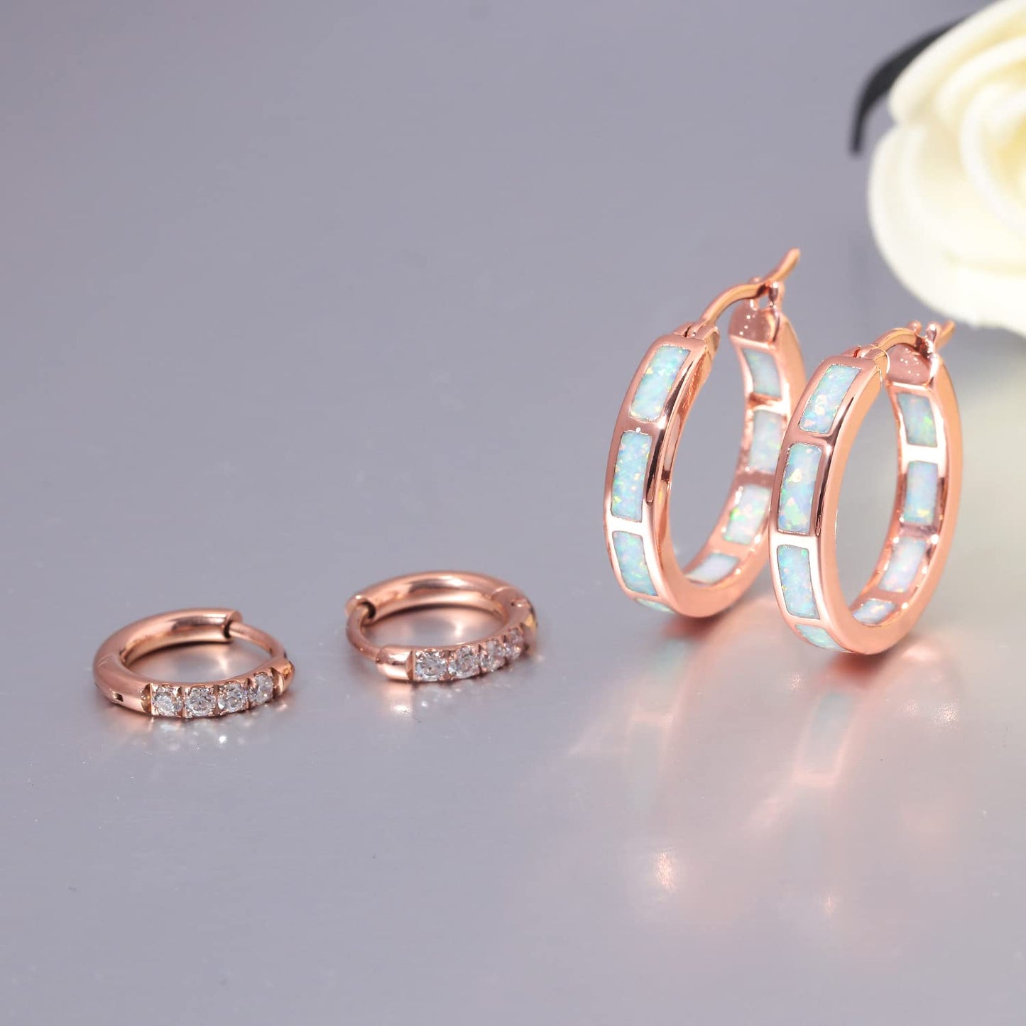 CiNily 2 Pairs Hoop Earring Set for Women Rose Gold Plated Opal Small Hoop Earring Hypoallergenic Cubic Zirconia Tiny Earrings