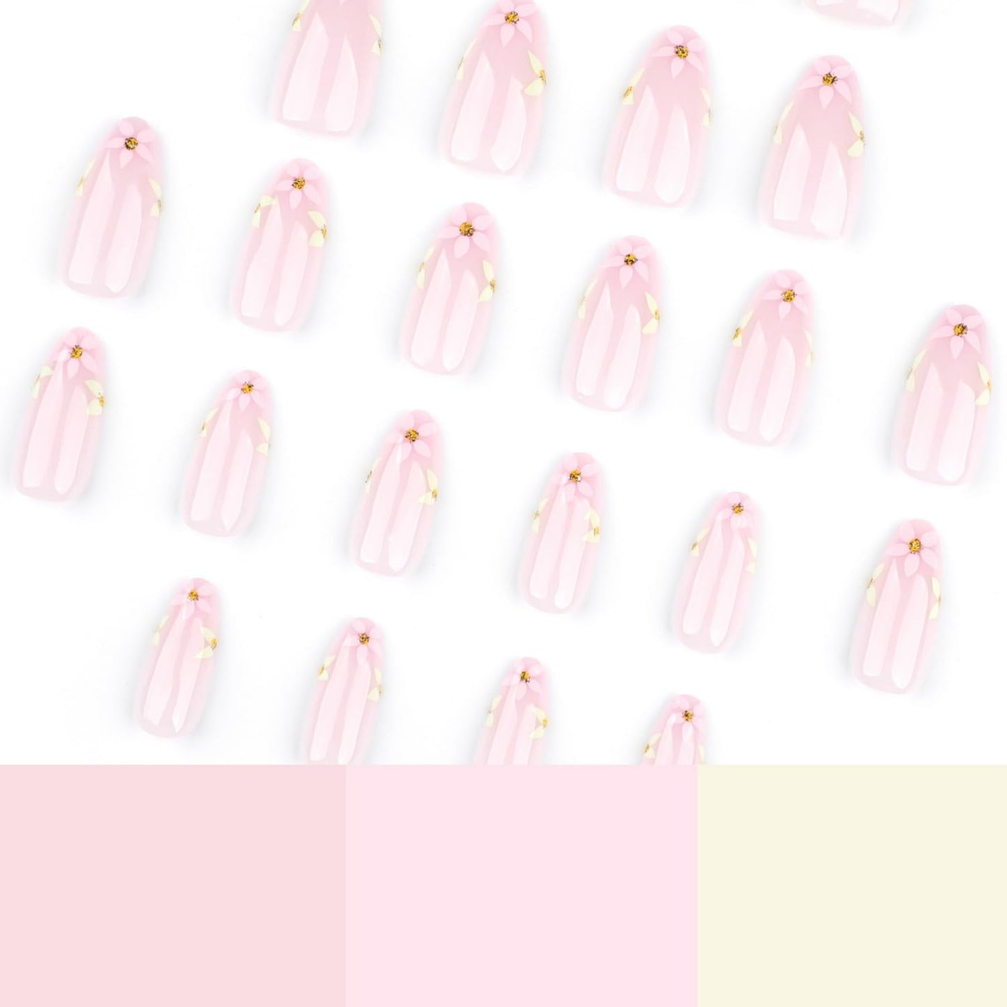 24pcs Pink Press on Nails Short Almond Fake Nails Glossy Full Cover Flower with designs Acrylic Nails Artificial Nails Spring Summer Reusable Floral False Nails Cute Glue on Nails for Women