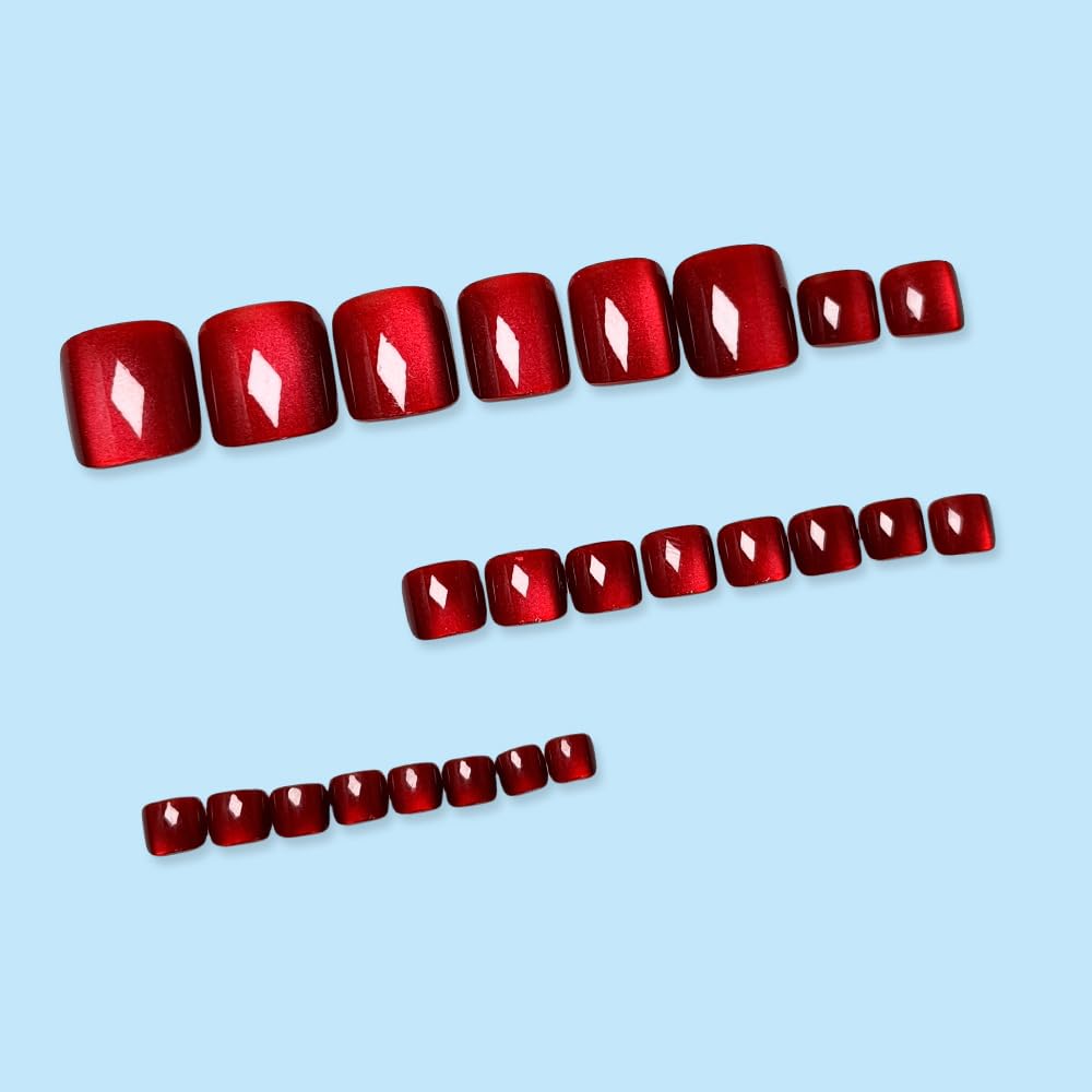 Wine Red Press on Toenails Cat Eye Fake Toe Nails Short Square Acrylic Toenails Glossy Red False Nails Shiny Glitter Artificial Nails for Women Decoration 24Pcs
